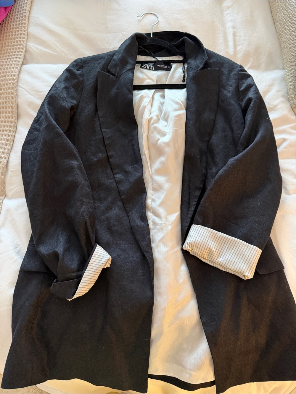 Zara Black Linen-Blend Relaxed Blazer with Striped Cuff Lining